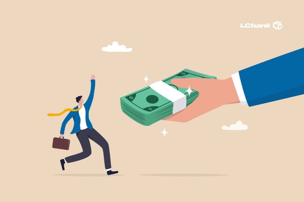 Ilustração de uma pessoa avançando em direção a uma mão que entrega um maço de dinheiro, simbolizando o recebimento seguro de valores. A cena representa o processo de sucessão e habilitação em RPVs, destacando a transferência legal do crédito judicial aos herdeiros, com segurança jurídica e rapidez no acesso aos valores devidos.