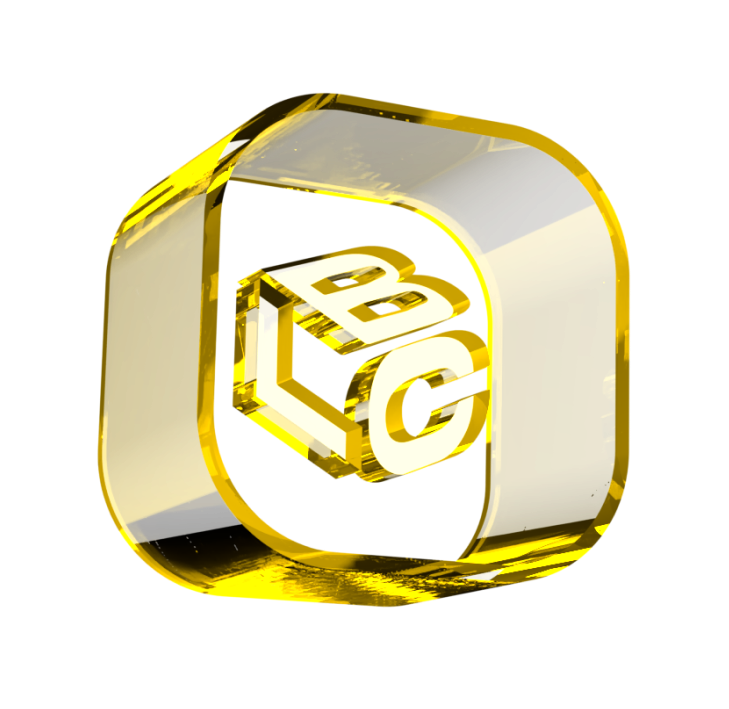 Logo do LCbank em dourado, com as letras "LCB" em destaque dentro de um cubo transparente.