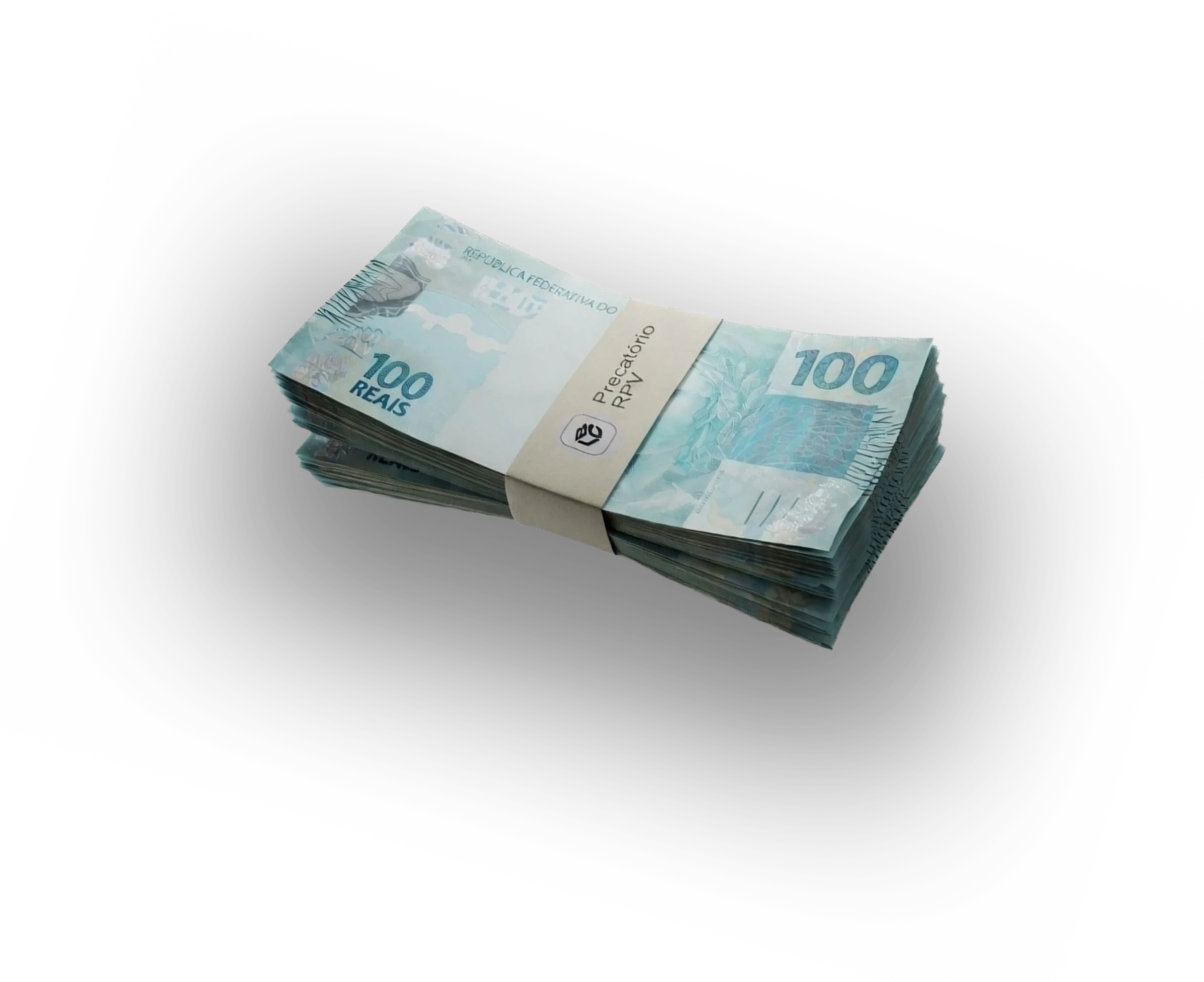 Pilha de notas de 100 Reais com selo "Precatório RPV" da LCbank. Dinheiro brasileiro.