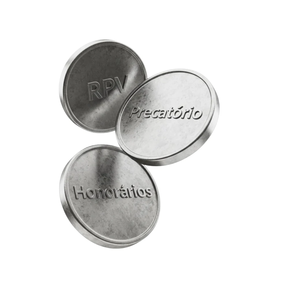 Moedas prateadas com "RPV", "Precatório" e "Honorários".