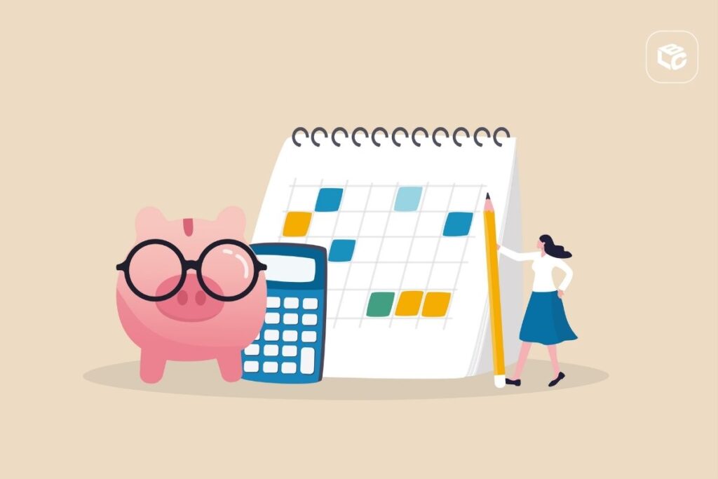 Porquinho com óculos, calculadora, calendário e mulher com lápis. Planejamento financeiro.