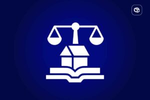 Balança da justiça sobre casa em livro aberto, simbolizando precatório herdado.