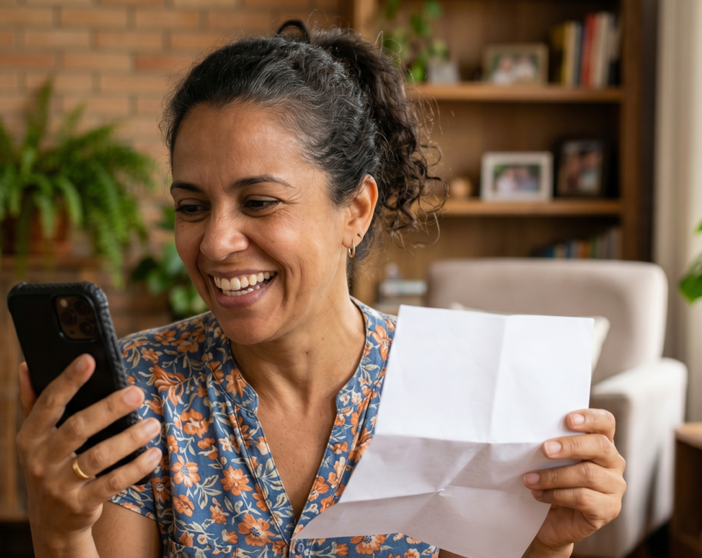 Mulher sorri enquanto segura um celular e um papel, possivelmente relacionado a rpv