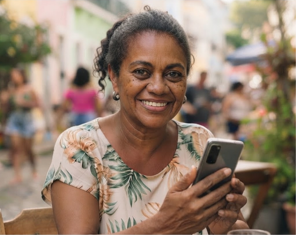 Mulher sorridente segurando um celular, rpv
