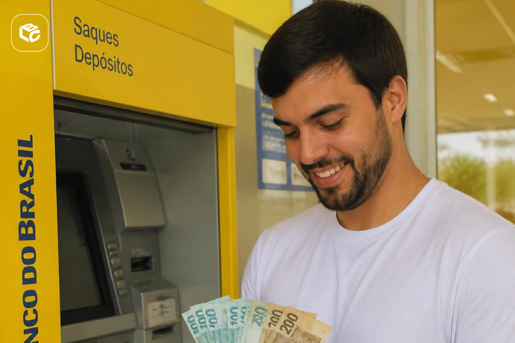 Homem sorri com dinheiro do Banco do Brasil em caixa eletrônico
