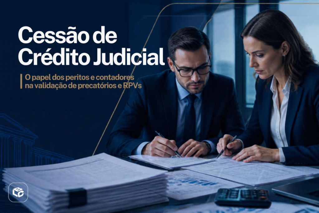 Imagem promocional com tema jurídico e corporativo, em tons predominantes de azul escuro. À esquerda, em destaque, aparece o título: “Cessão de Crédito Judicial”. Logo abaixo, em texto menor na cor dourada, está o subtítulo: “O papel dos peritos e contadores na validação de precatórios e RPVs”.