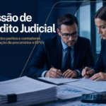 Imagem promocional com tema jurídico e corporativo, em tons predominantes de azul escuro. À esquerda, em destaque, aparece o título: “Cessão de Crédito Judicial”. Logo abaixo, em texto menor na cor dourada, está o subtítulo: “O papel dos peritos e contadores na validação de precatórios e RPVs”.